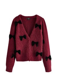 Burgundi värvi paela kardigan, millel on sügav V-kaelus ja kaunistatud mitu musta sametpaela ees ja varrukatel.