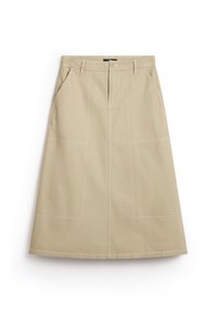Beige knälång kjol med texturerad tyg, synlig sömnad, rak skärning och framfickor. Klassisk design med en dämpad färgpalett.