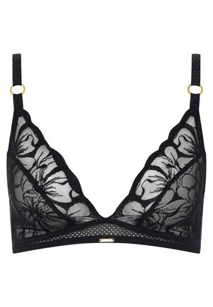 Black lace bralette featuring floral embroidery, a scalloped design, adjustable straps with gold hardware, and a mesh texture.