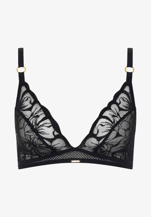Black lace bralette featuring floral embroidery, a scalloped design, adjustable straps with gold hardware, and a mesh texture.