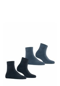Vier paar sokken in verschillende tinten blauw. Geribbelde manchetten, gladde textuur, gemiddelde lengte, met verstevigde tenen en hakken voor duurzaamheid.