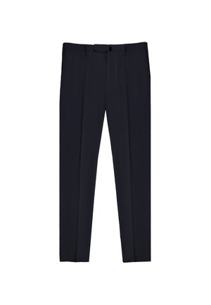 Pantaloni formali neri con passanti per cintura, tasche frontali e zip centrale, presentati su uno sfondo bianco.
