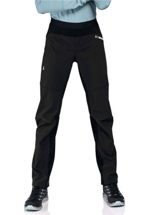Schwarze Outdoor-Hosen aus einem elastischen Material, mit einem breiten Bund und Reißverschlusstaschen. Sie bieten eine schlanke, taillierte Passform für mehr Bewegungsfreiheit.