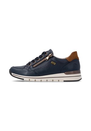 Men's navy blue sneaker with side zipper, brown heel patch, lace-up front, and white sole with black grip.