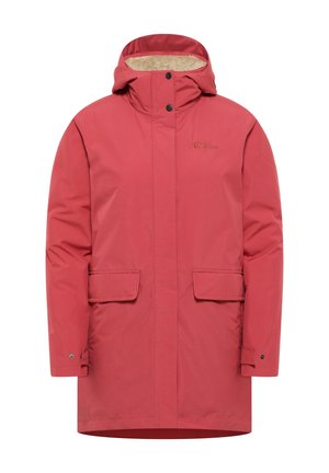 Rode waterdichte parka met een bont gevoerde capuchon, drukknopen aan de voorkant, twee zijzakken en verstelbare manchetten voor een veilige pasvorm.