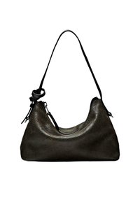 Dunkelgraue Lederhandtasche mit geschwungener Form, verstellbarem schwarzen Tragegurt und Reißverschluss. Strukturiert Oberfläche mit subtiler Eleganz.