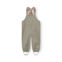 Salopette impermeabile grigio chiaro per bambini con spalline beige regolabili, caviglie elasticizzate e fascette per i piedi per una vestibilità sicura.