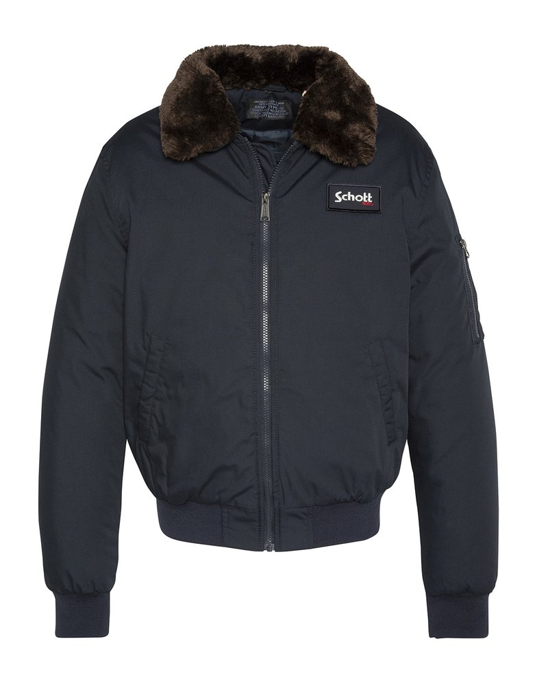 Granatowa kurtka bomberka z brązowym futerkiem, z przodu na zamek, dwie kieszenie na ręce, kieszeń na ramieniu oraz naszywka z logo Schott N.Y.C. na piersi.