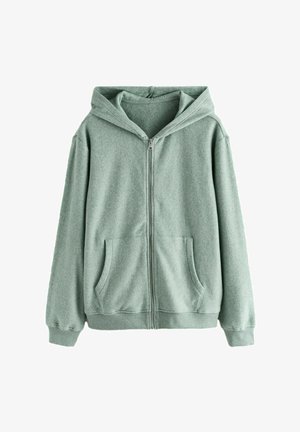 Vaaleanvihreä vetoketjullinen huppari, jossa on etutaskut, pitkät hihat ja huppu, valmistettu pehmeästä, fleece-tyyppisestä kankaasta.