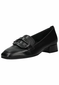 Black leather loafer with a pointed toe, featuring a wide strap detail across the vamp and a low block heel for stability.