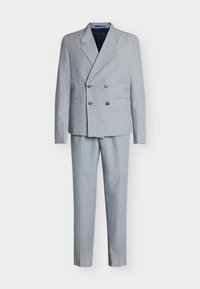 Ανοιχτό γκρι διπλόκουμπο κοστούμι με υφή, που διαθέτει δύο μπροστινές τσέπες, κούμπωμα με κανονικές λαγόνες και κομψή εφαρμογή.