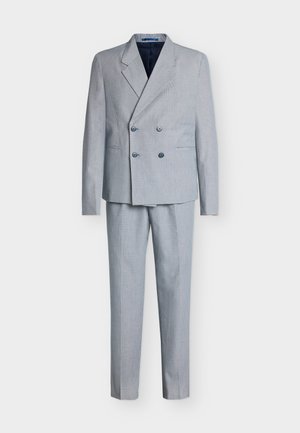 Svijetlosivi sako s dvostrukim kopčanjem, teksturirane tkanine, koji ima dva prednja džepa, rever s urezom i prilagođeni slim-fit kroj.