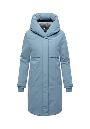 Vaaleansininen parka-takki, jossa on suuri huppu, etutaskut ja käännetyt hihat. Valmistettu pehmeästä kankaasta, jolla on sileä rakenne ja minimalistinen muotoilu.