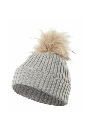 Graue Strickmütze mit geripptem Muster, ausgestattet mit einem großen hellbraunen Kunstpelz-Pompon oben.}}