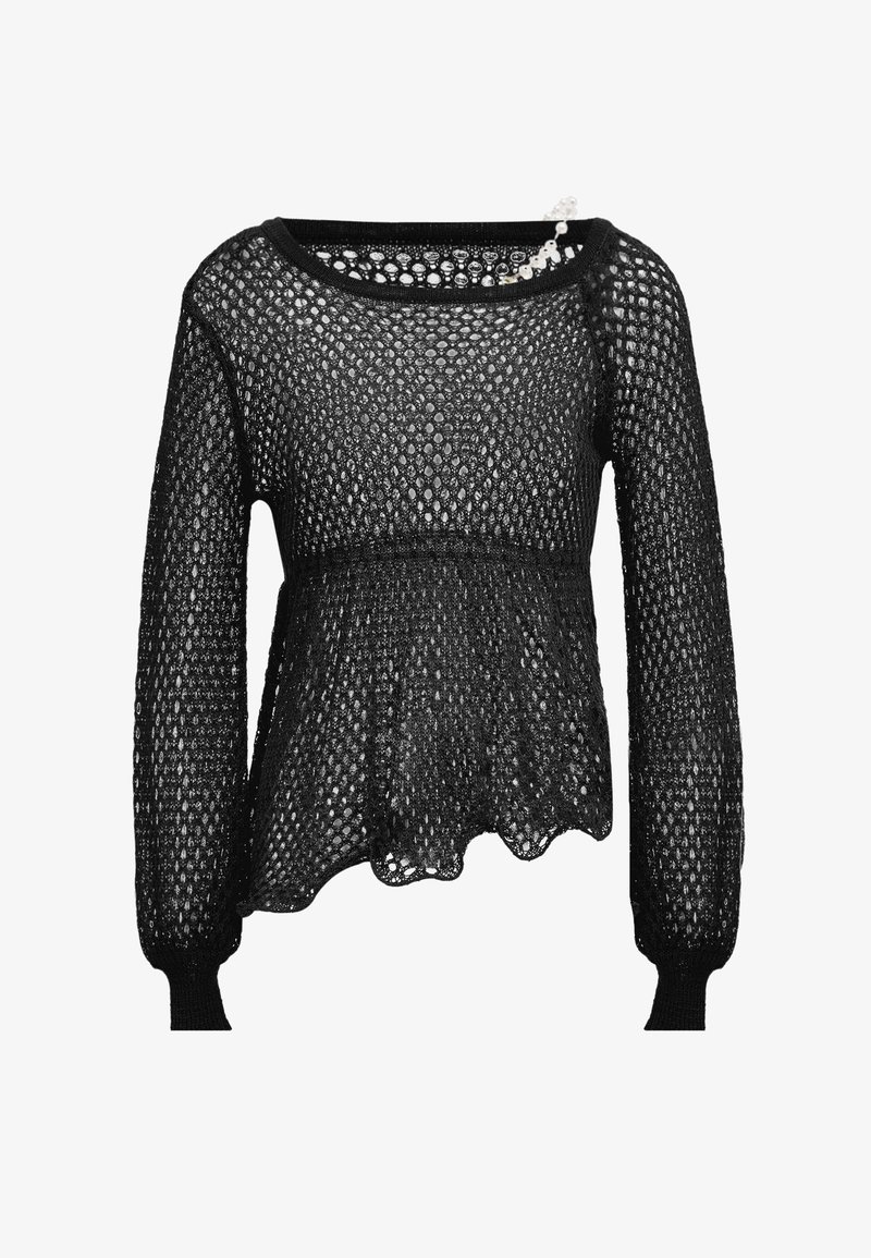 Zwarte lange mouwen gebreide top met een open weefpatroon, ronde halslijn en geschulpte zoom. Versierd met decoratieve elementen op de schouder.