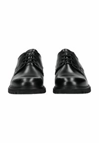 Scarpe in pelle nera con un design elegante, chiusura con lacci, punte rotonde e suole in gomma con un sottile motivo antiscivolo.