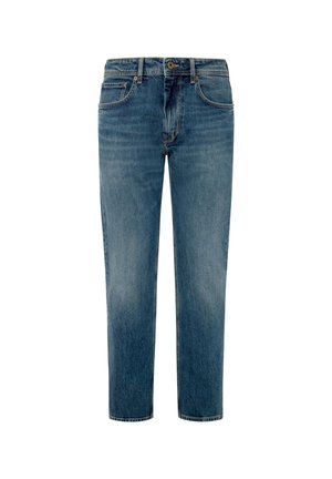 Hellblaue Jeans aus Denim mit geradem Bein, klassischem Fünf-Taschen-Design und minimaler Ausbleichung des Stoffs.