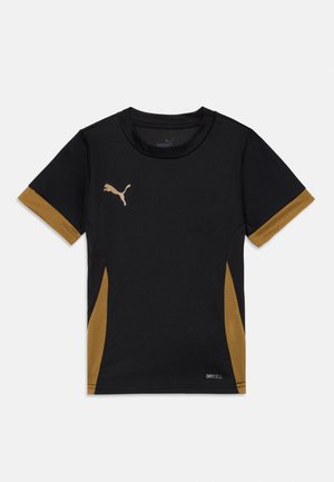 Černé sportovní tričko s zlatými síťovanými akcenty, s krátkými rukávy, kulatým výstřihem a malým zlatým logem Puma na hrudi.