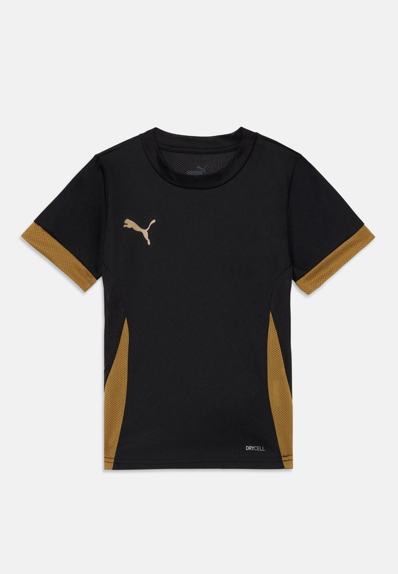 Camiseta deportiva negra con detalles de malla dorada, con mangas cortas, escote redondo y un pequeño logo dorado de Puma en el pecho.