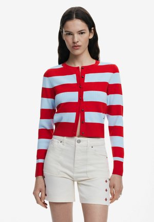 Cardigan a righe rosse e azzurro chiaro con collo rotondo e bottoni neri, abbinato a pantaloni corti bianchi con ricami floreali sui lati.