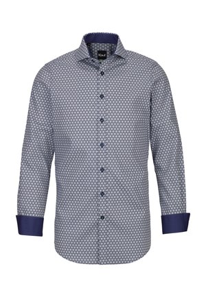Camicia a bottoni blu con un motivo decorativo, dotata di colletto e polsini a contrasto in blu navy e maniche lunghe. Realizzata in un tessuto dalla consistenza morbida.