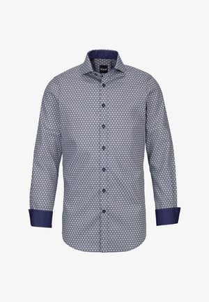 Camicia a bottoni blu con un motivo decorativo, dotata di colletto e polsini a contrasto in blu navy e maniche lunghe. Realizzata in un tessuto dalla consistenza morbida.