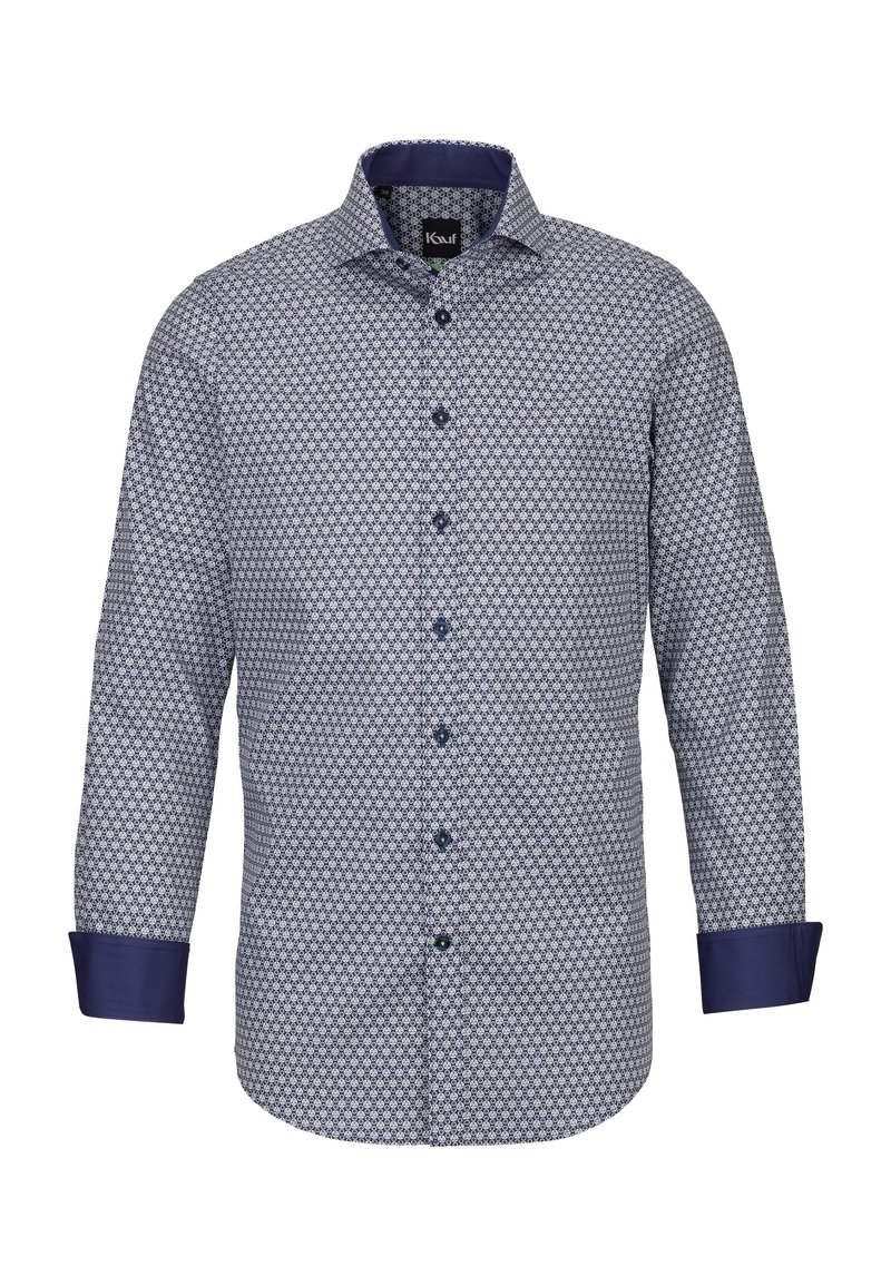 Camicia a bottoni blu con un motivo decorativo, dotata di colletto e polsini a contrasto in blu navy e maniche lunghe. Realizzata in un tessuto dalla consistenza morbida.