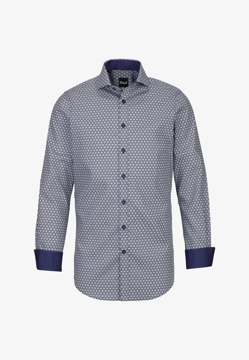 Camicia a bottoni blu con un motivo decorativo, dotata di colletto e polsini a contrasto in blu navy e maniche lunghe. Realizzata in un tessuto dalla consistenza morbida.