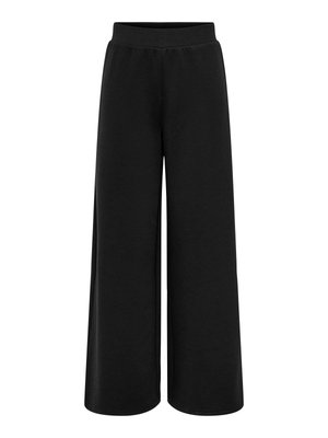 Svarte bukser med vide ben og elastisk midjebånd, laget av mykt og glatt stoff, designet for avslappet eller hjemmebruk.