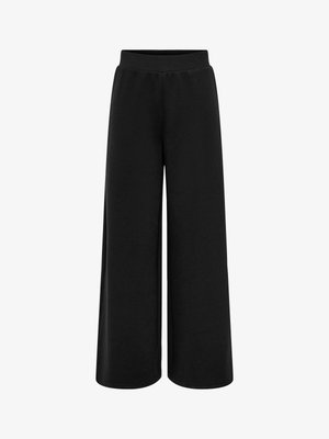 Melnas platas bikses ar elastīgu vidukļa joslu, izgatavotas no mīksta, gluda auduma, piemērotas ikdienas vai atpūtas valkāšanai.