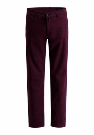 Bordeaux chino's gemaakt van katoen met een gladde textuur. Voorzien van een knoopsluiting en standaardzakken. Rechte pijpen.