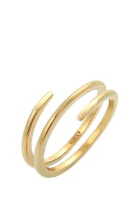 Kuldse tooniga metallist rõngas minimalistliku kahekordse rihmaga; iseloomustab siledad, ümarad servad ja kergelt nurkadega otsad.