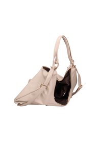 Borsa a tracolla in pelle beige con una forma strutturata, caratterizzata da finiture in oro e un ampio interno marrone scuro. Tracolla singola per il trasporto.