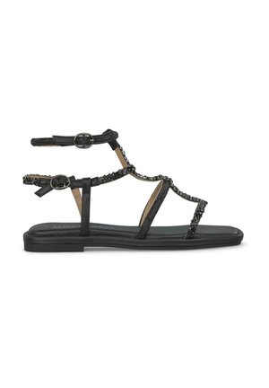 Black flat sandals with multiple straps, embellished with a beaded design. Features an adjustable buckle for fastening and a smooth sole.