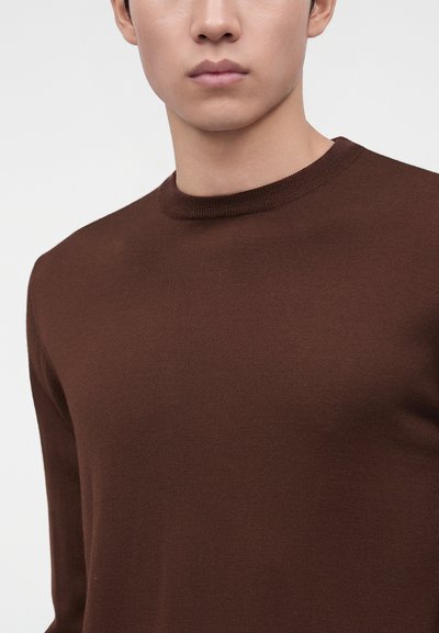 Jeune homme portant un pull marron uni à col rond, montré des épaules à la bouche sur un fond clair.