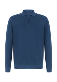 Blå langærmet strikket sweater med kvartlynlås og krave, vist på en hvid baggrund.