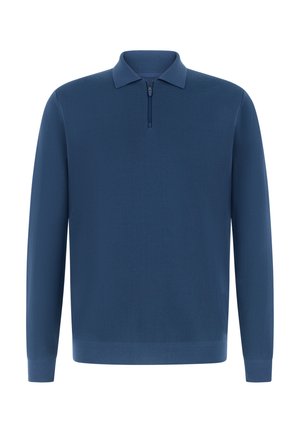 Niebieski sweter z długim rękawem, dzianinowy, z suwakiem do ćwiartki i kołnierzem, prezentowany na białym tle.