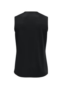 Schwarzes ärmelloses Top aus glattem Stoff mit Rundhalsausschnitt, das ein minimalistisches Design aufweist und hinten eine lockere Passform hat.