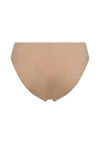 Beige cotton briefs with a smooth finish, featuring a mid-rise design and elastic waistband. Simple construction without patterns or accents.