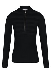 Černý svetr s krytým zipem, texturovaným pruhovaným vzorem a žebrovaným detailem na lemu a rukávech. Hladký pletený materiál.