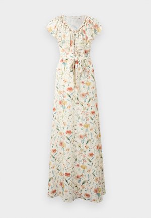 Abito lungo crema a fiori con maniche corte ad aletta, scollo arricciato e cintura da annodare in vita, con fiori rosa, arancioni e gialli e foglie verdi.