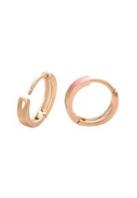 Guldtonede metal hoops øreringe med et slankt, minimalistisk design og en lyserød detalje på fronten. Glat overflade med hængsel lukning.