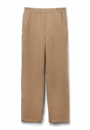 Beige Leinenhose mit geradem Bein, elastischem Bund und Seitentaschen, für den Freizeitbereich entworfen.