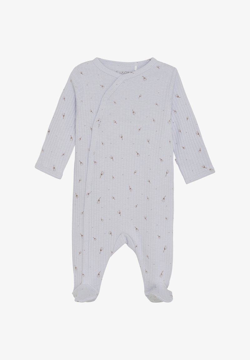 Ljusblå randig bodysuit med långa ärmar, prydd med små bruna blommönster, tryckknappar fram och med fötter.