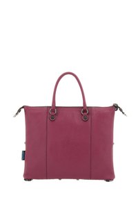 Borsa tote in pelle color berry con finitura testurizzata, manici doppi e accenti metallici circolari. Presenta una chiusura con zip nella parte superiore.