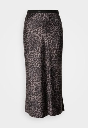 Fustă maxi cu imprimeu de leopard în nuanțe de gri și negru. O țesătură netedă și ușoară, cu o talie ajustată și o margine evazată.