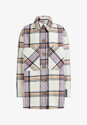 Plaid shirt jacket in white, featuring bold black, purple, and orange stripes. Button front closure and two large chest pockets. Soft fabric texture.