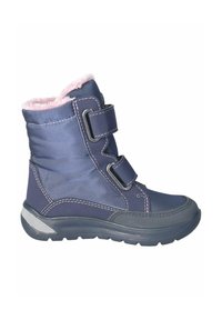 Bota de tobillo azul marino con forro de pelo sintético rosa, dos correas ajustables, suela de goma y costuras blancas en contraste. Construcción de tejido duradero.