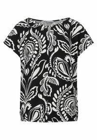 Blusa a righe bianco e nera con maniche corte, caratterizzata da un collo rotondo e un dettaglio a forma di chiave davanti, realizzata in tessuto leggero.