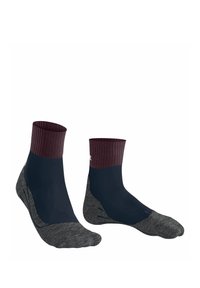 Dwie pary skarpetek o ciemnomarinowym kolorze z bordo mankietami, z teksturowaną szaro-skalistą podeszwą i projektem amortyzującym dla komfortu.